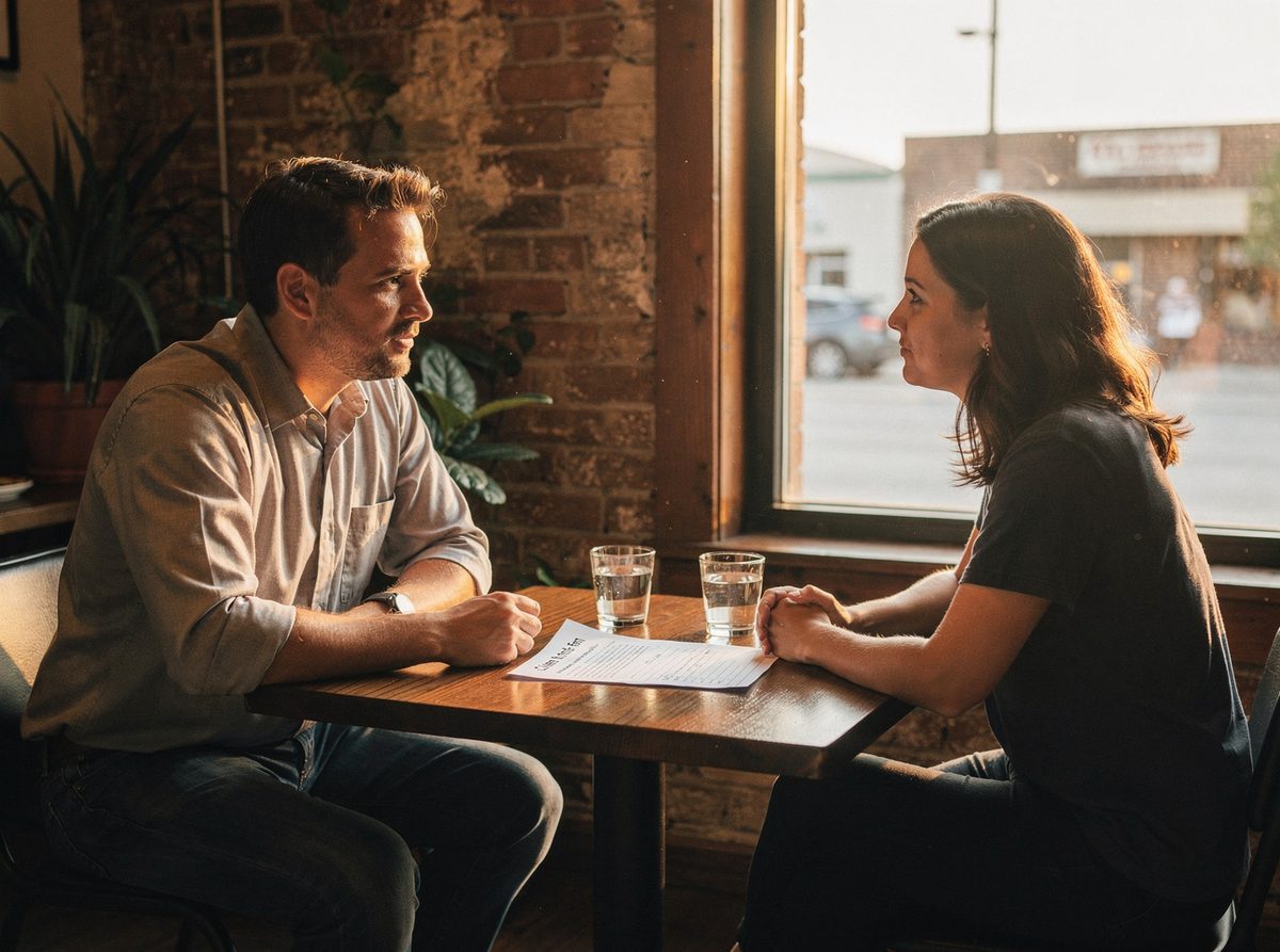 A coach and a prospective client discussing an intake form at Totex Movement Studio
