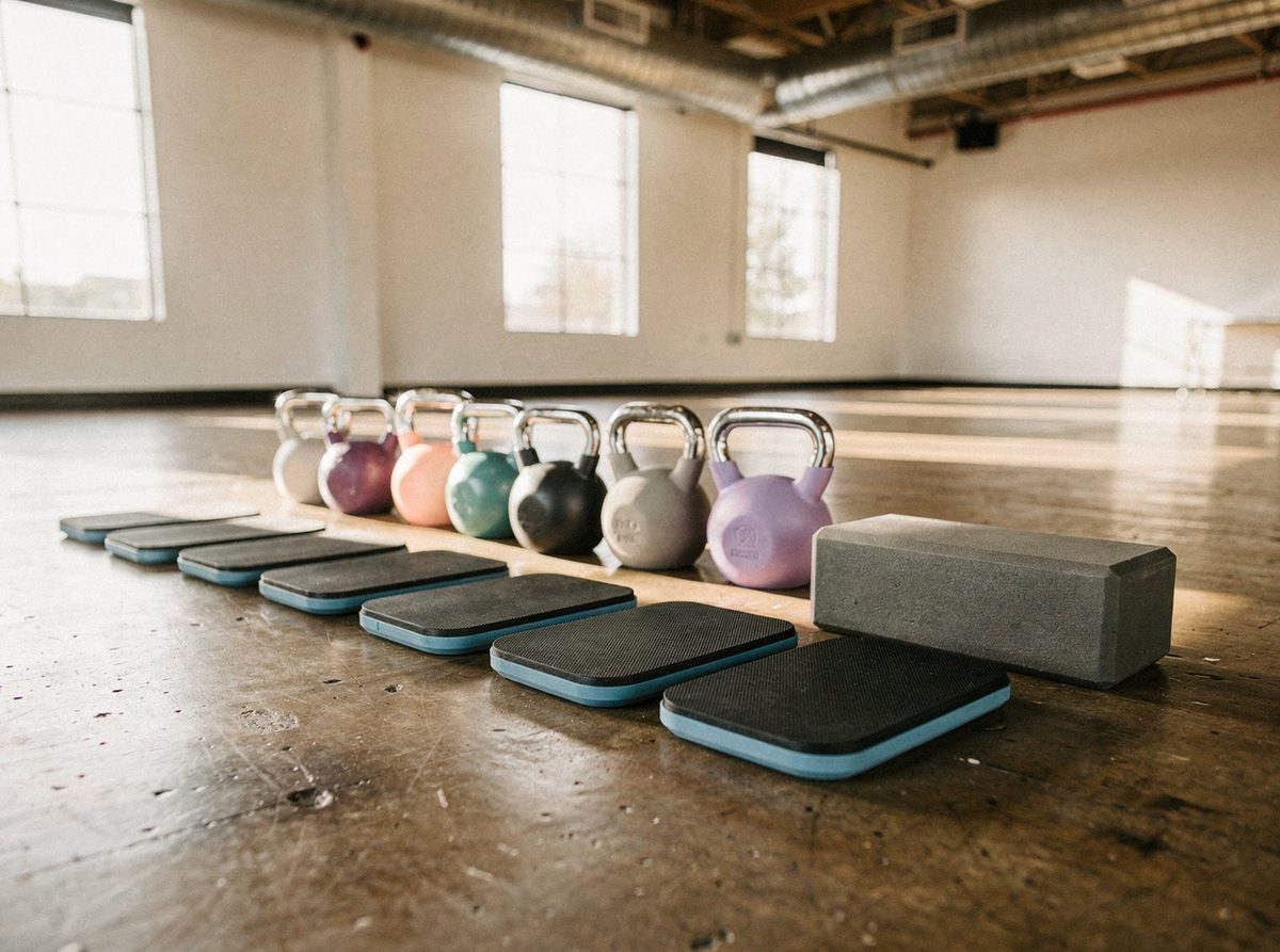 Sliders, kettlebells and a foam block set out for a group technique class