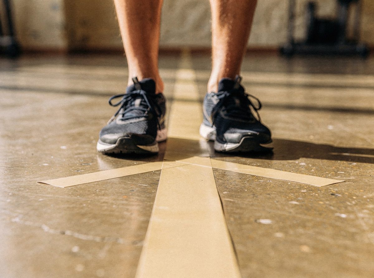 Floor markers showing a stance line during a movement assessment at Totex Movement Studio